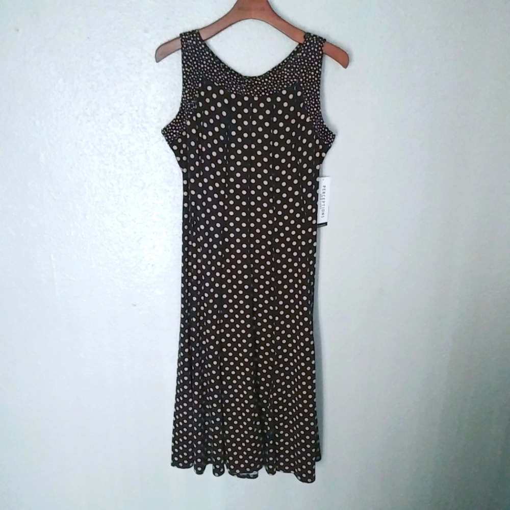 Perceptions L New Sleeveless Belted Navy Tan Polka Dot Midi Dress
